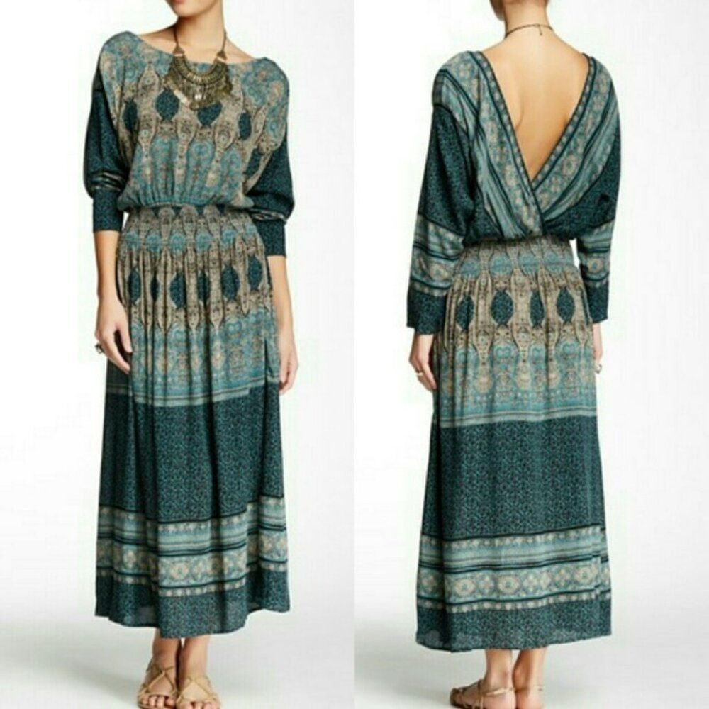 Free People Shes a Lady Reversible Maxi Dress Teal Blue Paisley Smocked Medium